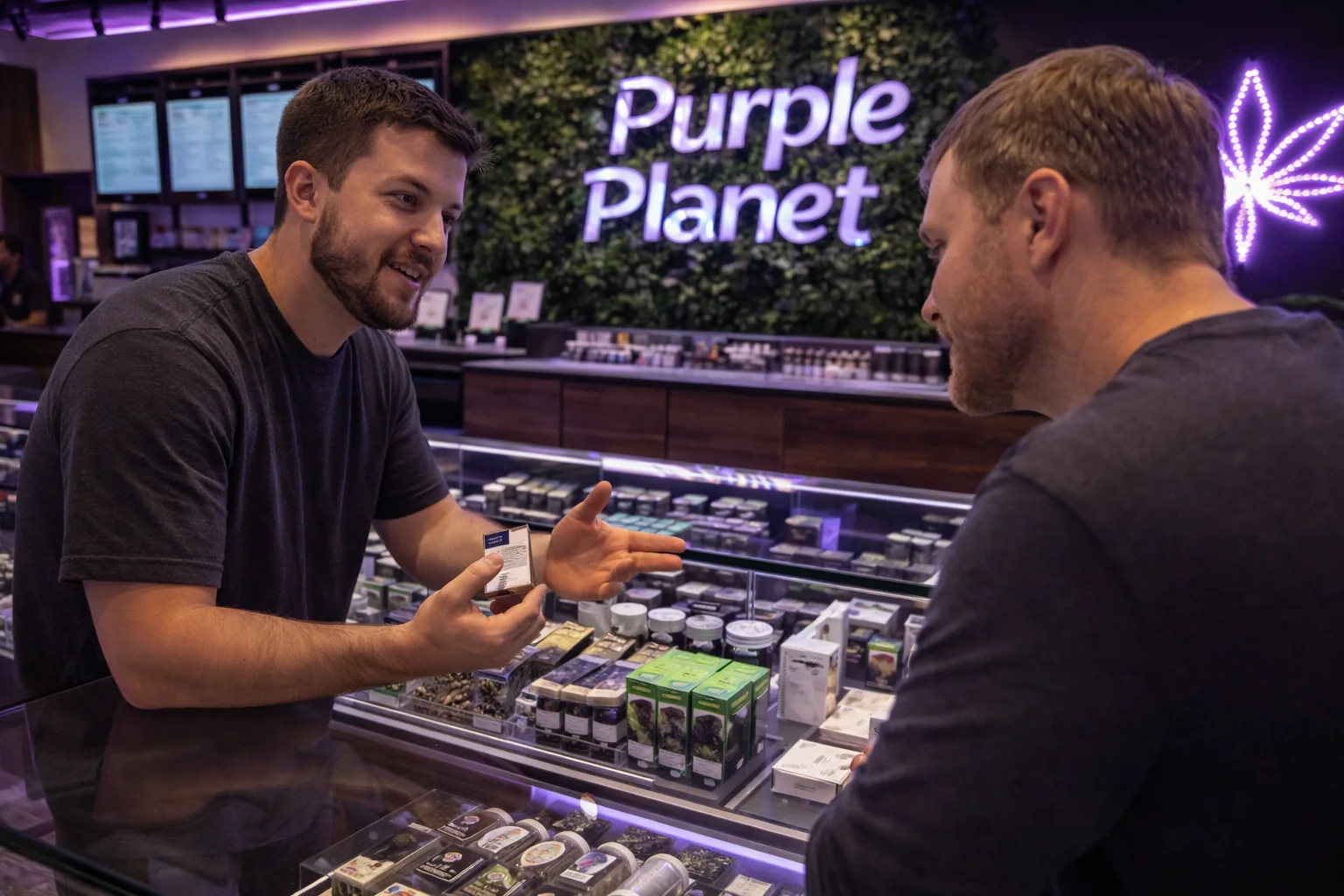 Budtender helping a guest at Planet Purple